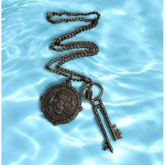 Official Disney The Pirates League Skull Medallion Skeleton Key Bronze Necklace - Picture 1 of 8
